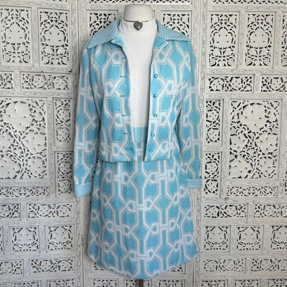 Vtg 60' Leslie Faye Knits Geometric Mod Shift Style Dress & Cardigan Set Sz S - Picture 1 of 13